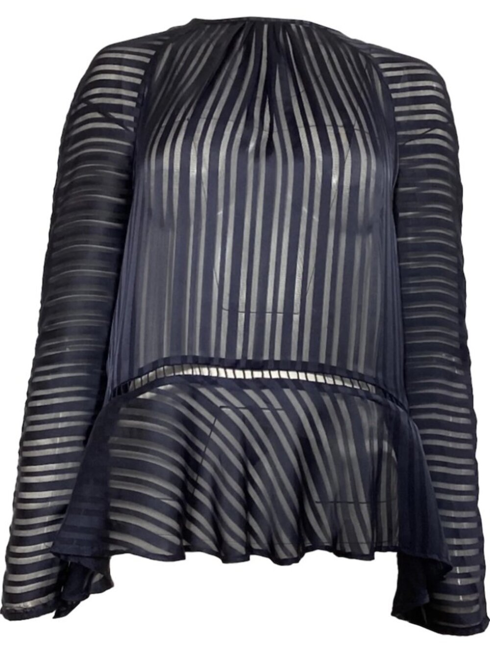 Zimmerman Dark Navy Blue Sheer Striped Peplum Blouse with Bow Small - Picture 1 of 11